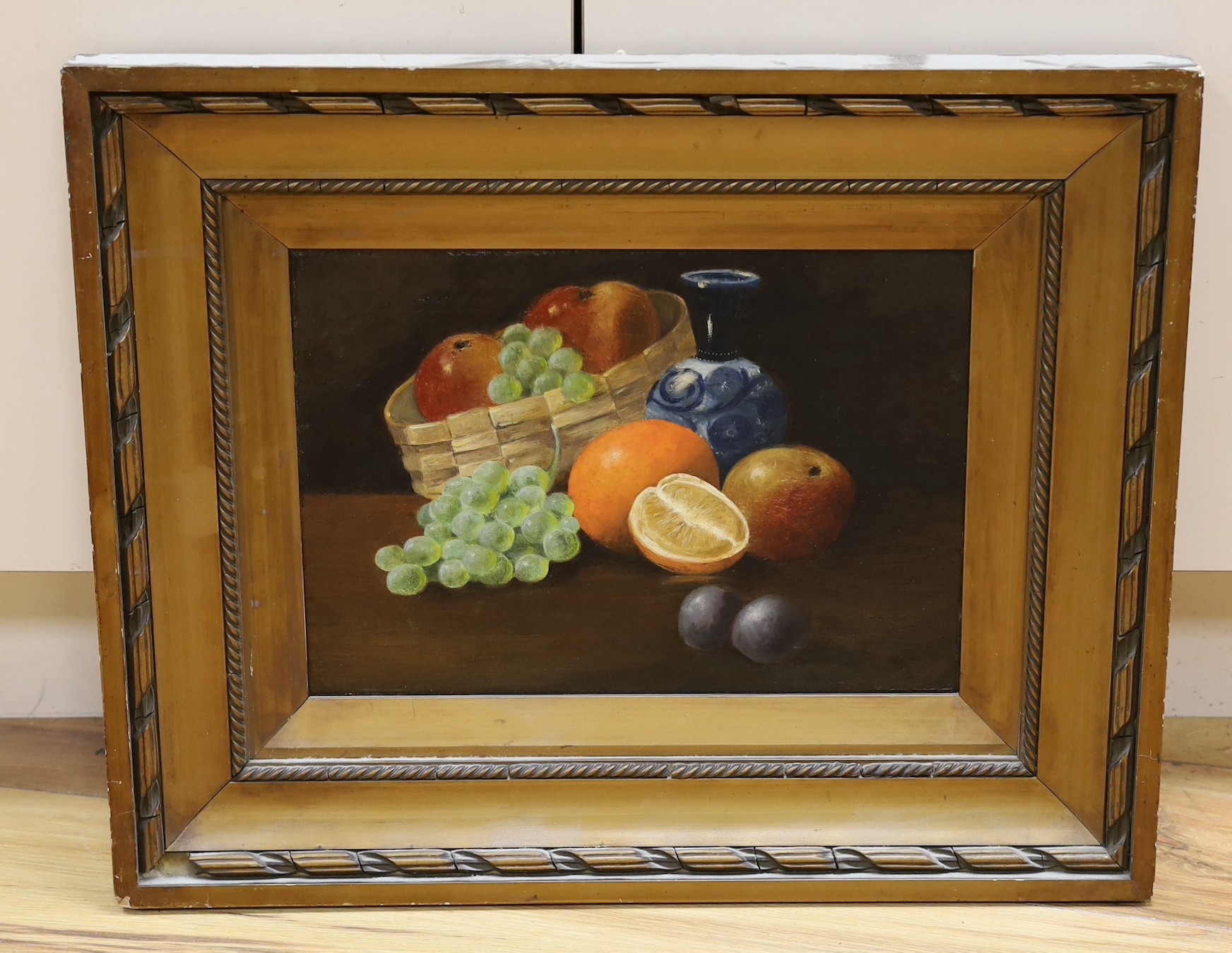 English School c.1900, oil on canvas, Still life of fruit on a table top, 24 x 34cm